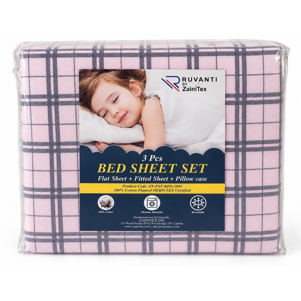 RUVANTI Twin XL Pink Plaid 100% Cotton Flannel 3 Pc Sheet Set NEW
